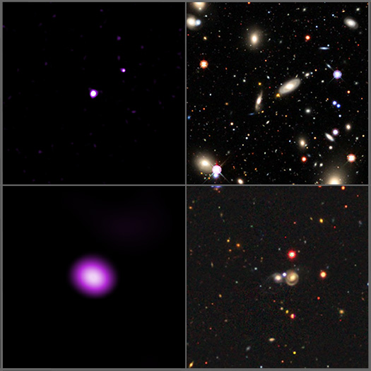 Two, 2-panel images showing an X-ray image on the left-hand side and an optical image on the right-hand side.