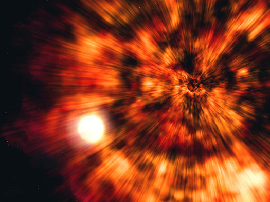 An artist's impression shows the effects of the collapse and supernova explosion of a massive star.